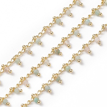 Natural Amazonite Handmade Beaded Chains, Soldered, Lead Free & Cadmium Free, with Brass Findings, Real 18K Gold Plated, Long-Lasting Plated, Faceted Round, 6~7x2~3mm