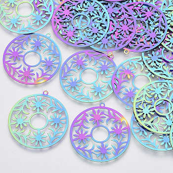 Ion Plating(IP) 201 Stainless Steel Filigree Pendants, Etched Metal Embellishments, Flat Round with Flower, Rainbow Color, 32.5x30x0.3mm, Hole: 1.5mm