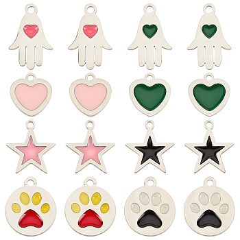 SUNNYCLUE 16Pcs 4 Style 304 Stainless Steel Enamel Charms, Stainless Steel Color, Heart & Star & Hamsa Hand & Dog Paw Prints, Mixed Color, 4pcs/style