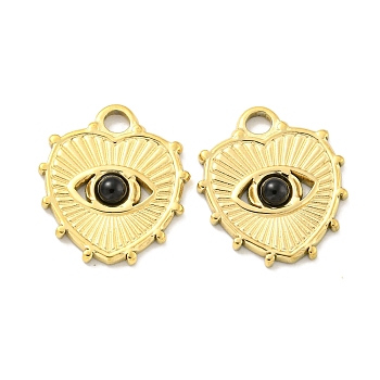 PVD Vacuum Plating 304 Stainless Steel Pendants, Natural Black Onyx(Mixed Dyed and Undyed) Heart Eye Charms, Real 18K Gold Plated, 17x15x2.5mm, Hole: 2.5mm