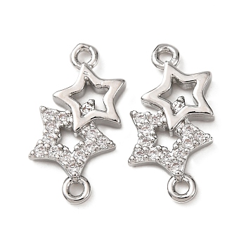 Brass Micro Pave Clear Cubic Zirconia Connector Charms, Double Star Links, Platinum, 15.5x7.5x2mm, Hole: 1.2mm