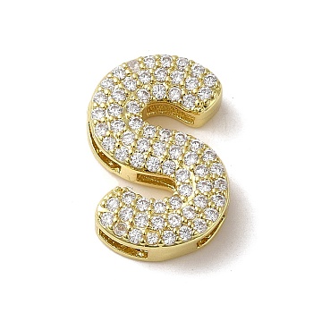 Brass Beads, with Clear Cubic Zirconia, Letter S, 21x14x5.5mm, Hole: 4.5mm
