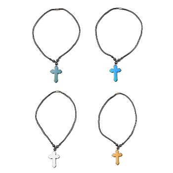 Synthetic Non-Magnetic Hematite Cross Pendant Necklaces for Women Men, with Alloy Magnetic Clasp, Mixed Color, 18.70 inch(47.5cm), 4~8mm