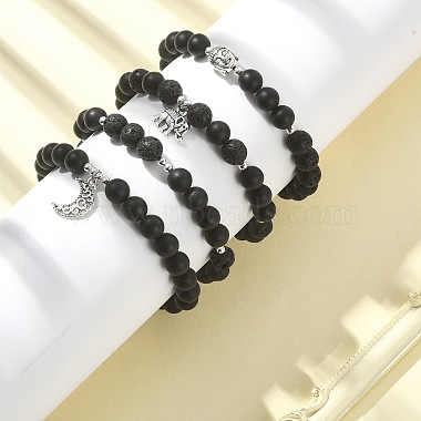 4шт. 4 комплект эластичных браслетов в стиле натурального лавового камня и черного агата и гематита из бисера(BJEW-JB09508)-4