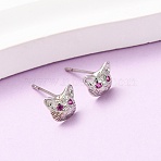 Cat Shape Brass Micro Pave Cubic Zirconia Stud Earrings, Real Platinum Plated, 6.5x8mm(EJEW-L278-11P)