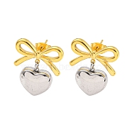 Bowknot 304 Stainless Steel Stud Earrings, Heart Dangle Earrings for Women, Golden & Stainless Steel Color, 23x19mm(EJEW-R164-01PG)