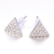 Brass Micro Pave Cubic Zirconia Stud Earrings, Triangle, Platinum, 8.5x10x2mm, pin: 0.6mm(EJEW-P119-17P)