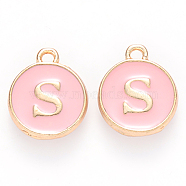 Golden Plated Alloy Enamel Charms, Cadmium Free & Lead Free, Enamelled Sequins, Flat Round with Letter, Pink, Letter.S, 14x12x2mm, Hole: 1.5mm(X-ENAM-S118-07S)