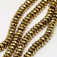 Electroplate Non-magnetic Synthetic Hematite Beads Strands, Faceted, Rondelle, Grade A, Golden Plated, 6x3mm, Hole: 1.2mm, about 130pcs/strand, 16 inch(X-G-J160-D-02)