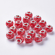 Handmade Luminous Lampwork European Beads, Large Hole Beads, with Silver Color Plated Brass Double Cores, Rondelle, Red, 14x11mm, Hole: 5mm(LAMP-S193-009B)