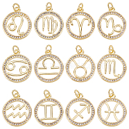 Brass Micro Pave Cubic Zirconia Pendants, Flat Round with Constellation/Zodiac Sign, Golden, 12 Constellations, 20x17x2mm, Hole: 2.5mm, 12pcs/box(KK-SC0003-02)