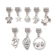 Marine Theme Tibetan Style Alloy Pendants, Turle/Fishstar/Shell/Fish/Crab/Dolphin/Flat Round, Antique Silver, 24~37x10~20x2~4mm, Hole: 5mm, 8pcs/set(PALLOY-JF02570)