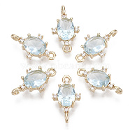 Glass Links connectors, with Brass Micro Pave Cubic Zirconia, Faceted, Oval, Light Gold, Pale Turquoise, 17.5x10x5mm, Hole: 1.2mm(GLAA-T021-11B-08)