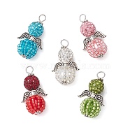 Alloy with Glass Seed Beads Pendants, with Polymer Clay Rhinestone, Angle, Mixed Color, 32x17x17mm, Hole: 4x3.5mm(PALLOY-MZ00276)