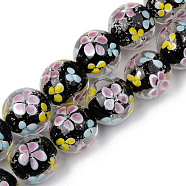 Handmade Lampwork Beads Strands, Inner Flower, Round, Black, 19~20x19mm, Hole: 1.5mm, about 20pcs/strand, 14.57 inch(37cm)(LAMP-N021-009)
