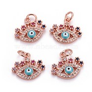 Brass Micro Pave Cubic Zirconia Charms, with Enamel and Jump Rings, Evil Eye, Colorful, Rose Gold, 13x15x3.5mm, Hole: 3mm(ZIRC-L070-47RG)