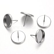 Flat Round Stainless Steel Stud Earring Settings, Stainless Steel Color, Tray: 12mm, 14mm, Pin: 0.7mm(X-STAS-M227-12mm)