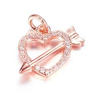 Brass Micro Pave Cubic Zirconia Charms, Heart with Arrow, Rose Gold, 12.5x15x2.5mm, Hole: 3mm(ZIRC-P060-44RG)