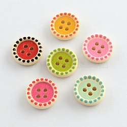 4-Hole Printed Wooden Buttons, Flat Round, Mixed Color, 15x4mm, Hole: 2mm(X-BUTT-R032-068)