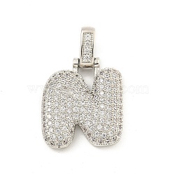 Brass Micro Pave Clear Cubic Zirconia Pendants, Platinum, Letter N, 31x20.5x5mm, Hole: 3x6mm(KK-B099-01P-N)