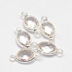 Oval Faceted Silver Color Plated Brass Glass Links connectors, Clear, 15x6.5x3.2mm, Hole: 1mm(GLAA-O014-02S)