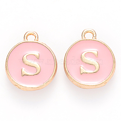 Golden Plated Alloy Enamel Charms, Cadmium Free & Lead Free, Enamelled Sequins, Flat Round with Letter, Pink, Letter.S, 14x12x2mm, Hole: 1.5mm(X-ENAM-S118-07S)