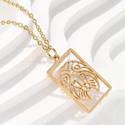 304 Stainless Steel Necklace, Real 18K Gold Plated, Hollow Out Twelve Constellations Square Plate, Leo, 17.76 inch(45.1cm)(NJEW-D330-01G-05)