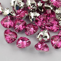 1-Hole Taiwan Acrylic Rhinestone Heart Buttons, Faceted & Silver Plated Pointed Back, Magenta, 25x25x10mm, Hole: 1.5mm(BUTT-F017-25mm-08)