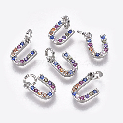 Brass Micro Pave Cubic Zirconia Charms, Letter, Colorful, Platinum, Letter.U, 9x6x1.7mm, Hole: 2mm(ZIRC-L070-38U-P)