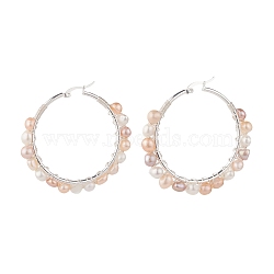 Natural Pearl Wire Wrapped Beaded Hoop Earrings for Women, Silver, Seashell Color, 52x55x8mm, Pin: 0.8mm(EJEW-JE04759-04)