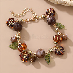 Resin & Acrylic Charm Bracelets, Glass Beaded Bracelets for Women, Maple Leaf & Pumpkin, Saddle Brown, 6.89 inch(17.5cm)(WGB1662-01)