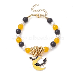 Halloween 8mm Round Dyed Natural Malaysia Jade & Frosted Black Glass Beaded Stretch Bracelets, 6mm Shell Pearl Alloy Enamel Bat Moon Charm Bracelets for Women, Golden, 7-1/4 inch(18.3cm), Moon: 28x26x2mm, Bead: 8mm & 6mm(BJEW-TA00498)