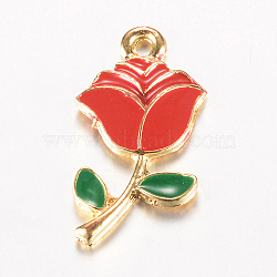 Alloy Enamel Pendants, Flower, Light Gold, Red, 23.5x12x2.5mm, Hole: 1.5mm(ENAM-S093-10)