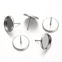 Tarnish Resistant Flat Round Stainless Steel Stud Earring Settings, Stainless Steel Color, Tray: 12mm, 14mm, Pin: 0.7mm(X-STAS-M227-12mm)