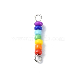 Chakra Glass Seed Beaded Connector Charms, Colorful Rondelle Glass Links with 304 Stainless Steel Double Loops, Platinum, 21~22x3.5mm, Hole: 1.8~2mm(PALLOY-JF02530-01)
