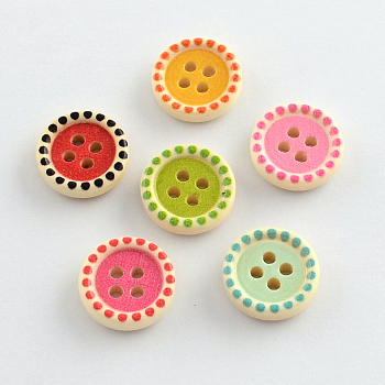 4-Hole Printed Wooden Buttons, Flat Round, Mixed Color, 15x4mm, Hole: 2mm