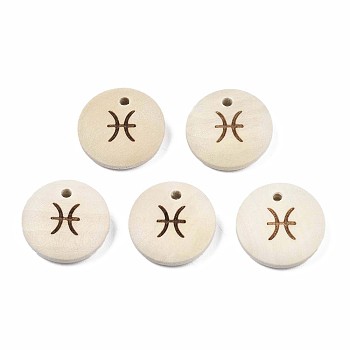 Laser Out Wood Pendants, Flat Round with 12 Constellations, Undyed, Pisces, 15x4mm, Hole: 1.6mm