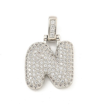 Brass Micro Pave Clear Cubic Zirconia Pendants, Platinum, Letter N, 31x20.5x5mm, Hole: 3x6mm