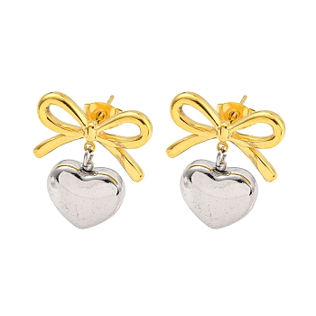 Bowknot 304 Stainless Steel Stud Earrings, Heart Dangle Earrings for Women, Golden & Stainless Steel Color, 23x19mm