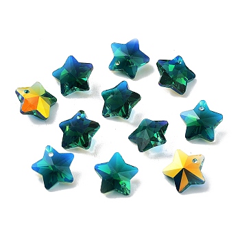 Glass Charms, Faceted Star, Dark Green, 13x13.5x7mm, Hole: 1.2mm
