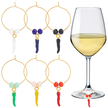 Horn of Plenty Alloy Enamel with Glass Bead Wine Glass Charms, with Brass Wine Glass Charm Rings, Mixed Color, 52mm, 6pcs/set