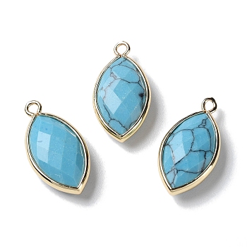 Synthetic Turquoise Pendants, with Platinum Brass Edge, Faceted, Horse Eye, 22x12x5.5mm, Hole: 1.8mm
