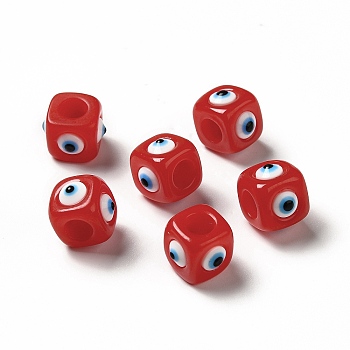 Resin Evil Eye European Beads, Large Hole Bead, Cube, FireBrick, 12.5x14~14.5x14~14.5mm, Hole: 6mm
