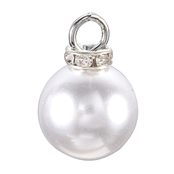 Acrylic Imitation Pearl Pendants, with Iron Rhinestone Spacer Beads, Round, White, Platinum, 23.5x16mm, Hole: 4.5mm