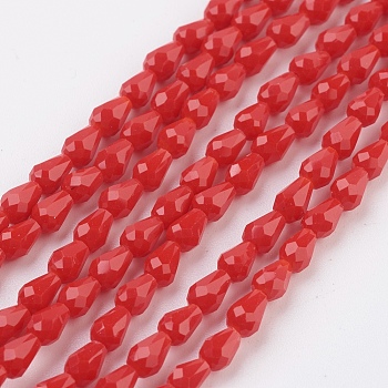 Imitation Jade Glass Beads Strands, Faceted, Teardrop, Red, 5x3mm, Hole: 1mm, about 100pcs/strand, 18.3 inch~19 inch
