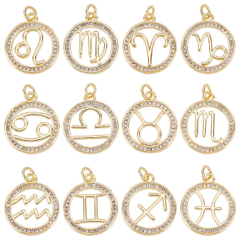 Brass Micro Pave Cubic Zirconia Pendants, Flat Round with Constellation/Zodiac Sign, Golden, 12 Constellations, 20x17x2mm, Hole: 2.5mm, 12pcs/box