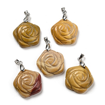 Natural Mookaite Carved Pendants, Flower Charms with Rack Plating Platinum Plated Brass Pinch Bails, 30x22.5x7.5mm, Hole: 4.5x4mm