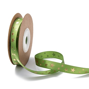 Polyester Ribbon, Star Pattern, Green, 3/8 inch(10mm), about 10yards/roll