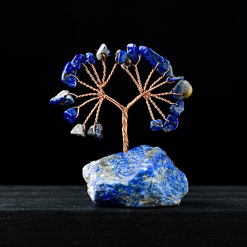 Natural Lapis Lazuli Chips Tree Decorations, Gemstone Base with Copper Wire Feng Shui Energy Stone Gift for Home Office Desktop Ornament, 55~70mm