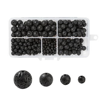 DIY Bracelets Making Kits, 340Pcs 4 Styles Natural Lava Rock Round Beads, Black, 340pcs/box